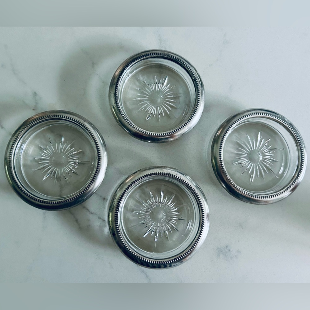Vintage Leonard Italy Four Piece Coaster Set, Genuine Crystal & Silver Plate